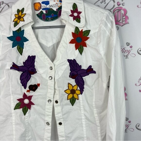 Razzle dazzle button up collared White Floral Embroidered Button-Down Shirt - Picture 3 of 8
